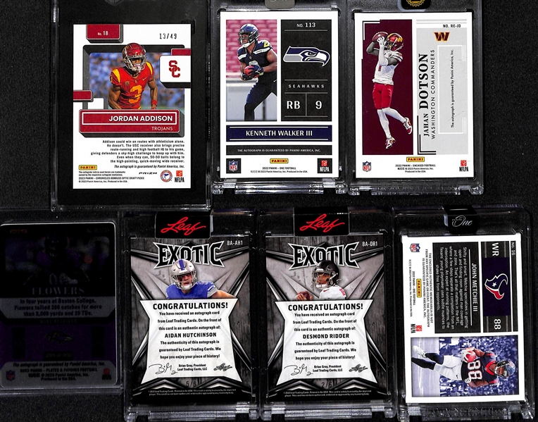 (7) Football Rookie Autograph Cards inc. 2023 Chronicles Draft Picks Optic Jordan Addison (SGC 10) (#/49), 2022 Panini One Kenneth Walker (#/99), 2022 Encased Jahan Dotson (#/25),+